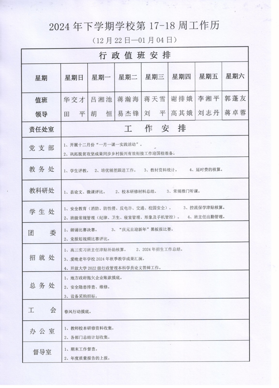 2024年下学期学校第17-18周工作历